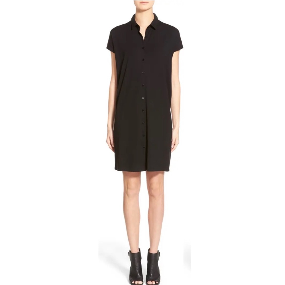 Eileen Fisher Black Classic Collar Jersey Knee-Length Dress, M